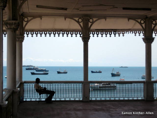 Boats idle in Stonetown's harbor. This porch was once part of the Omani sultan's palace. It's now a museum abotu Swahili culture.