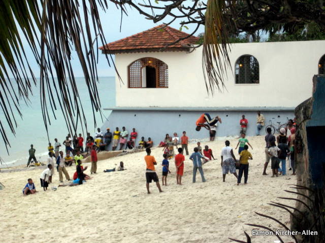 Practicing capoeira. Their game is still in its infant stages, but their acrobatics are off the hook.